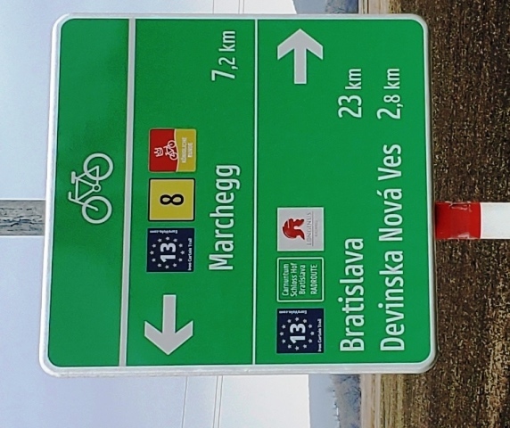 Wegweiser für Radrouten, nach dem neuen Niederösterreich Standard. Grüne Tafel, weisse Schrift, verschiedene Piktogramme von Radrouten, Zielangaben